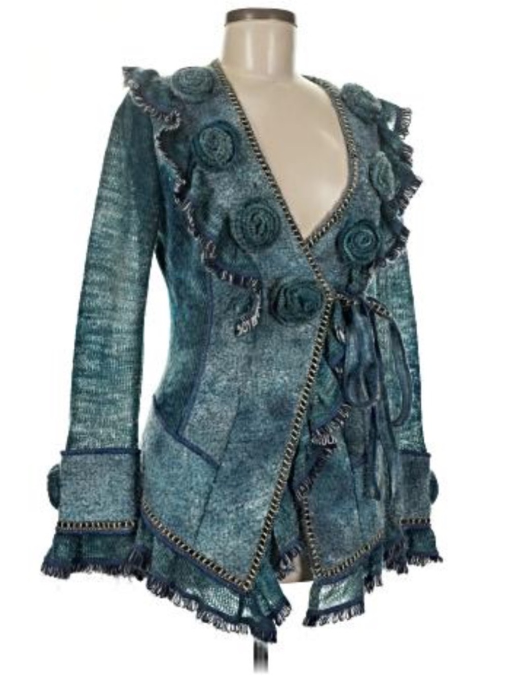 Stylish Boston Proper Teal Textured Wrap Cardigan Jacket Rosette Detail Size M - Picture 3 of 12